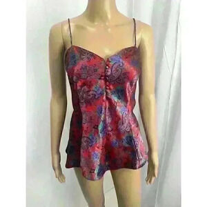 Vintage 90s Y2K Kathryn Floral Paisley Red Satin Camisole Tank Top Lingerie Sz L